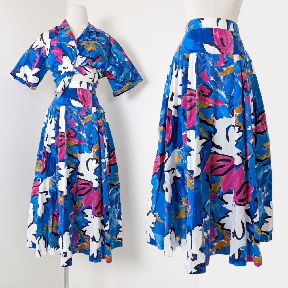 80's Floral Skirt Set Button Down Short Sleeve Shirt Circle Pleated Midi Full